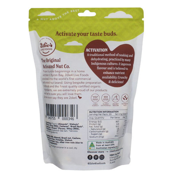 2die4 Live Foods Organic Activated Mixed Nuts with Fresh Whey 600g back label