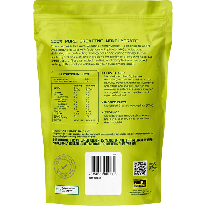 Protein Supplies Australia 100% Pure Creatine Monohydrate 200g bag, nutritional info, and usage instructions.