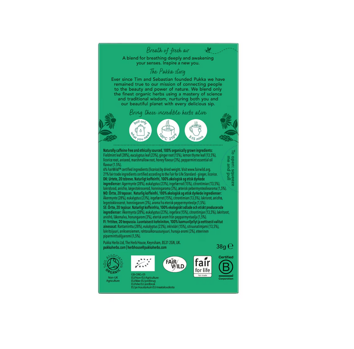 Back of Pukka Herbs Breathe In Tea Bags packaging, featuring herbal blend information and organic ingredients.