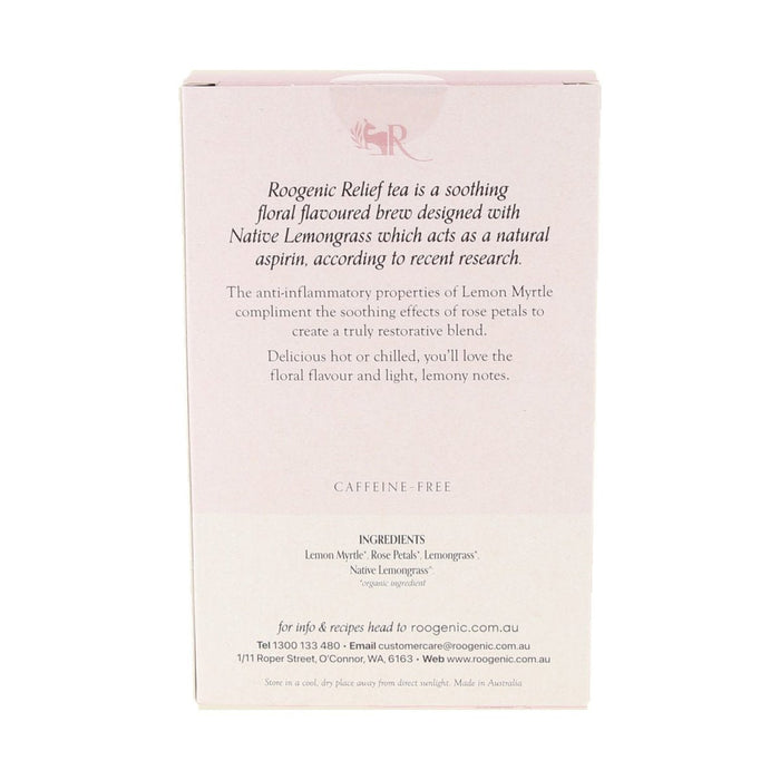 Roogenic Relief Tea 18 Tea Bags — ingredients and back label