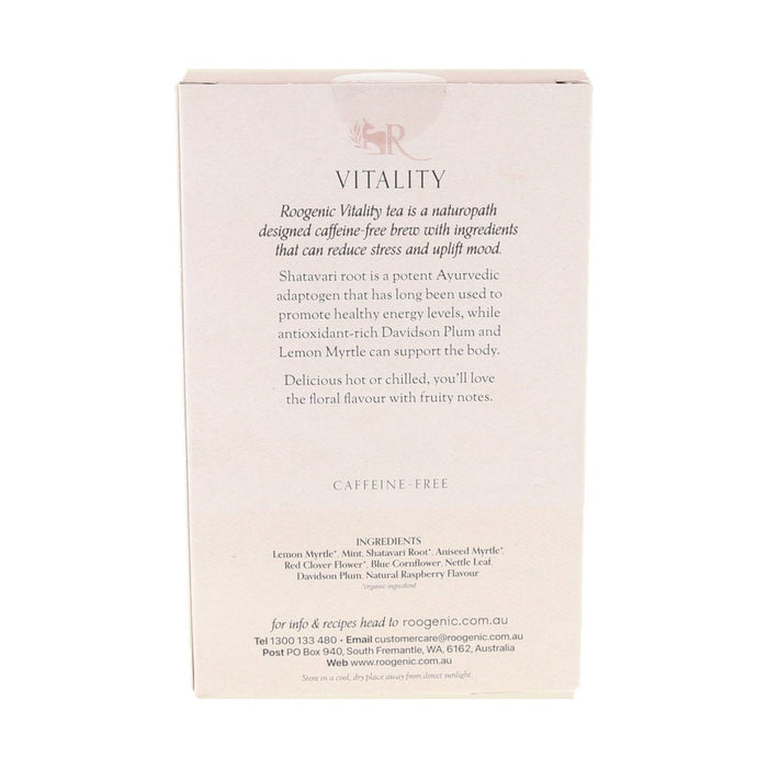 Roogenic Vitality Tea 18 Tea Bags — ingredients and back label