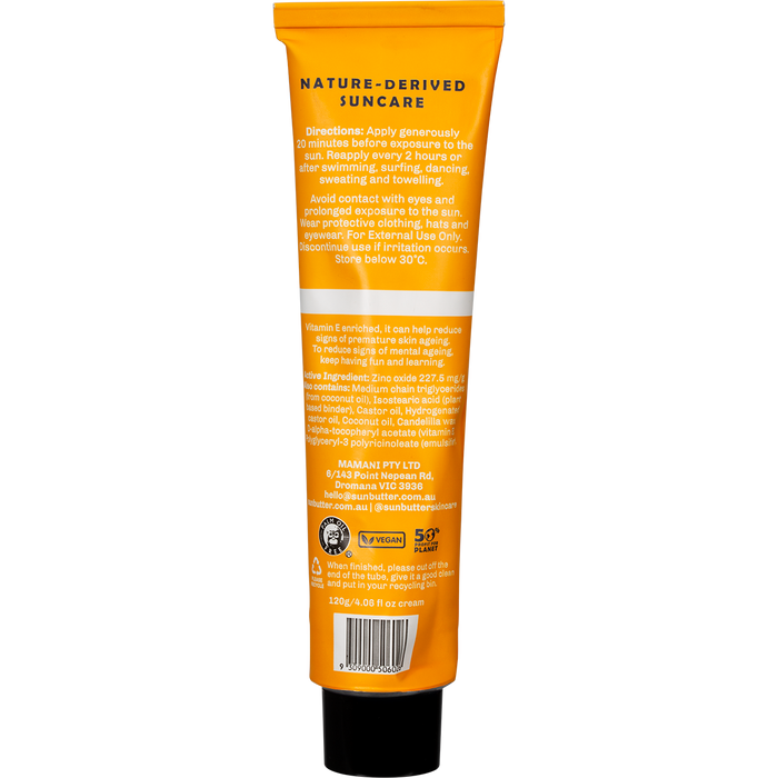 SunButter Skincare SPF50 Reef Safe Sunscreen Tube 120g back label