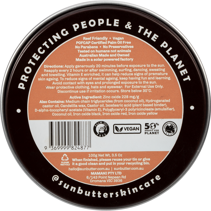 SunButter Skincare Tinted SPF50 Reef Safe Sunscreen 100g back label