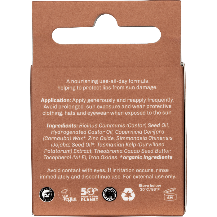 SunButter Skincare SPF15 Cacao Lip Zinc 15ml back label