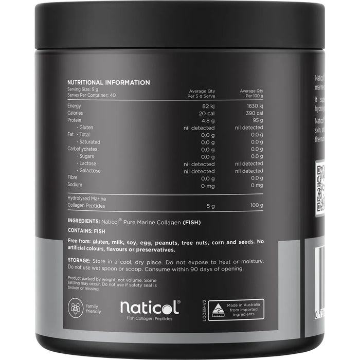 Naticol Pure Marine Collagen powder container with nutritional information and ingredients list.