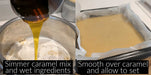 Caramel layer poured over the baked slice base