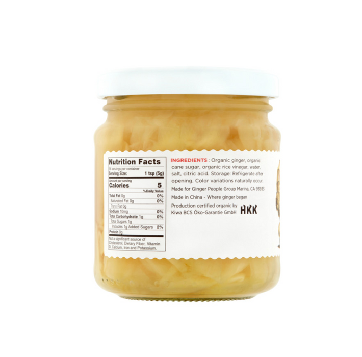 Organic Sushi Ginger in jar with nutrition facts label, 190g, vegan, gluten-free, no preservatives.