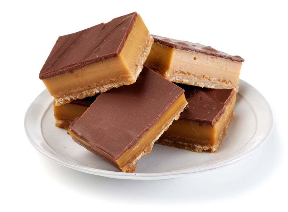 Prepared vegan caramel slices on a plate