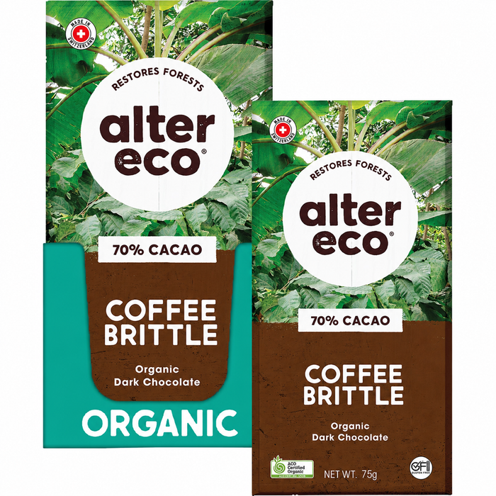 Alter Eco Coffee Brittle 70% organic dark chocolate 75g bar and display box