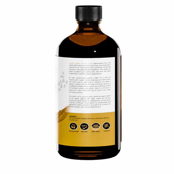 Apollo Organic Castor Oil 500ml ingredient and certification label on white background