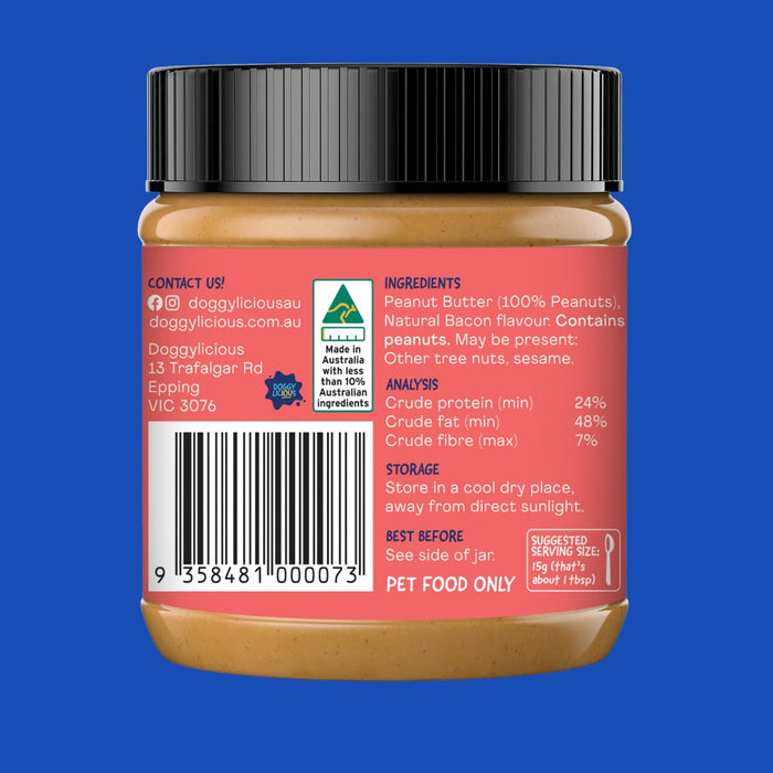 Doggylicious Barkin Bacon Doggy Butter 250g back label with ingredients and feeding guide