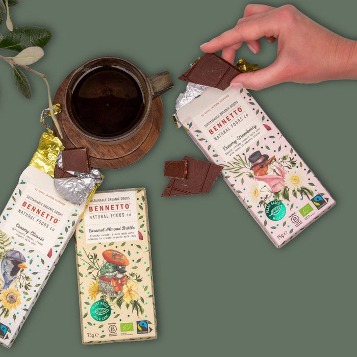 Bennetto plant-based mylk chocolate range served with coffee; assorted flavours