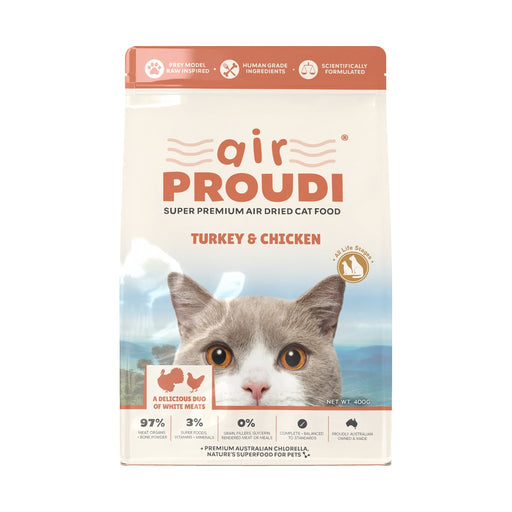 Air Proudi Turkey & Chicken Air Dried Cat Food 400g front pack on a white background