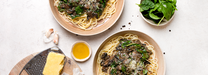 Serving suggestion: Ceres Organics sorghum spaghetti with creamy mushroom sauce and spinach; additional ingredients not included
