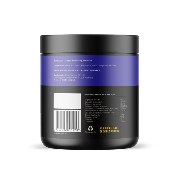 Chief Sleep 200g ingredients, storage and barcode label