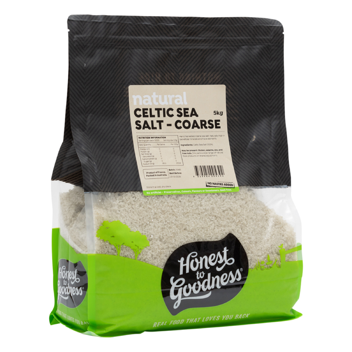 Honest to Goodness Celtic Sea Salt Coarse 5kg angled pack on white background