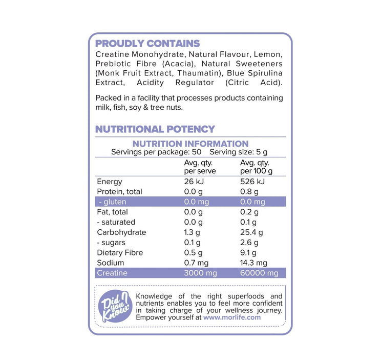 Morlife Creatine Icy Lemonade 250g label with product information