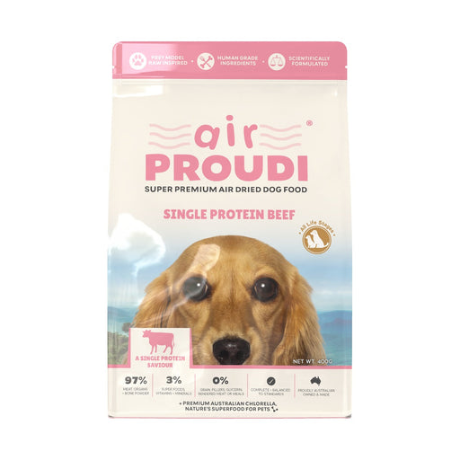 Air Proudi Single Protein Beef Air Dried Dog Food 400g front pack on a white background