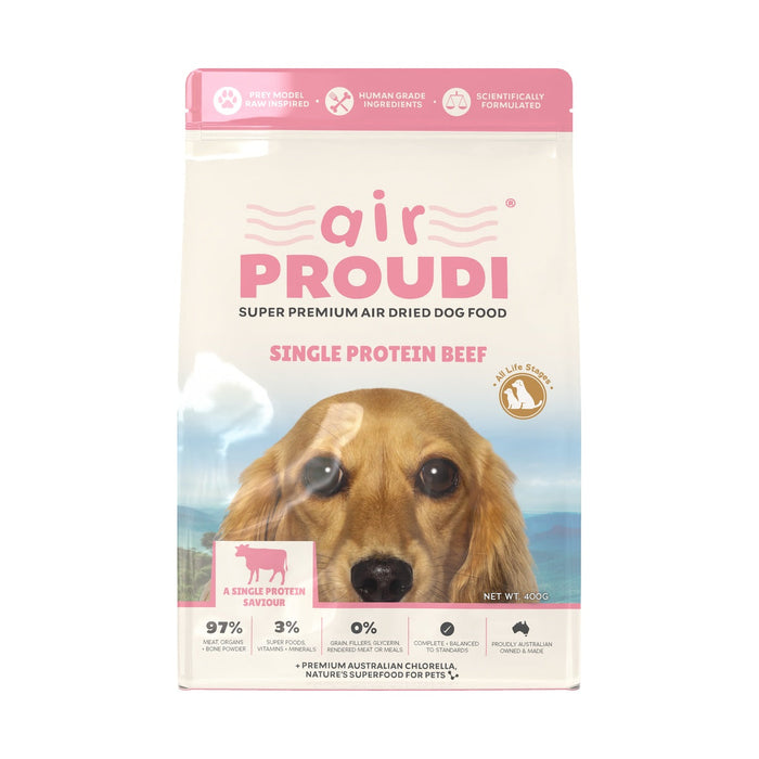 Air Proudi Single Protein Beef Air Dried Dog Food 400g front pack on a white background