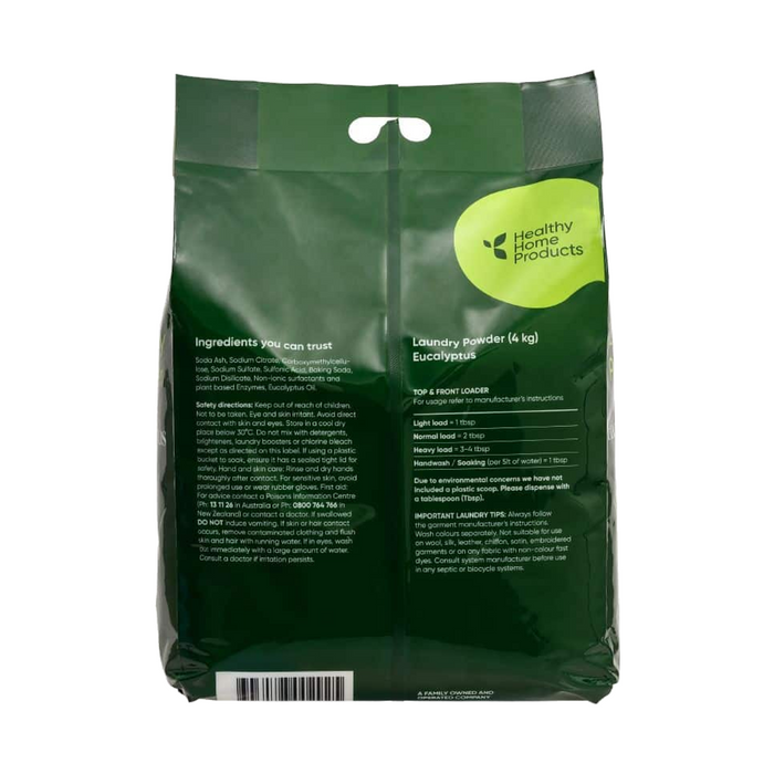 Abode Laundry Powder Eucalyptus 4kg Pouch rear label with ingredients, dosing and safety directions