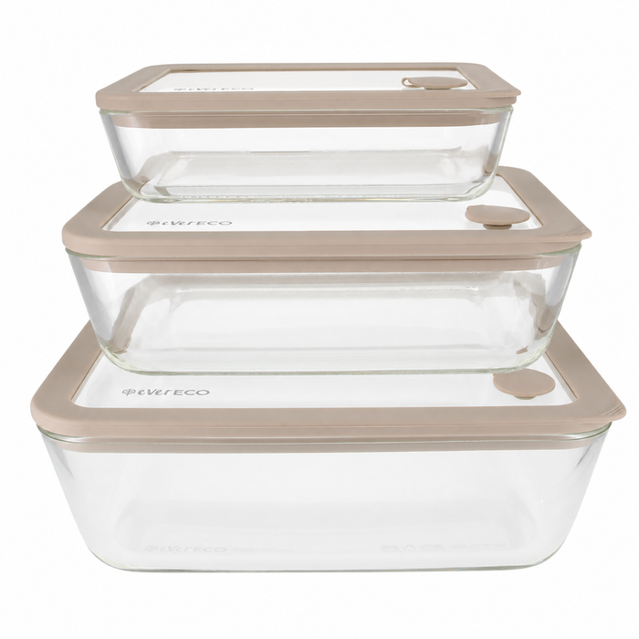 Ever Eco Oatmeal glass food containers in 700ml, 1400ml and 2600ml sizes