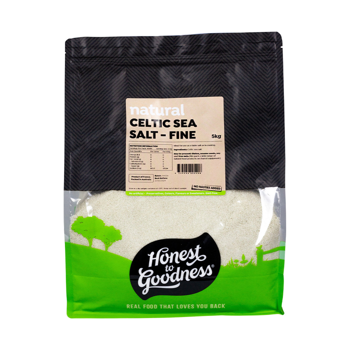 Honest to Goodness Celtic Sea Salt Fine 5kg front pack on white background