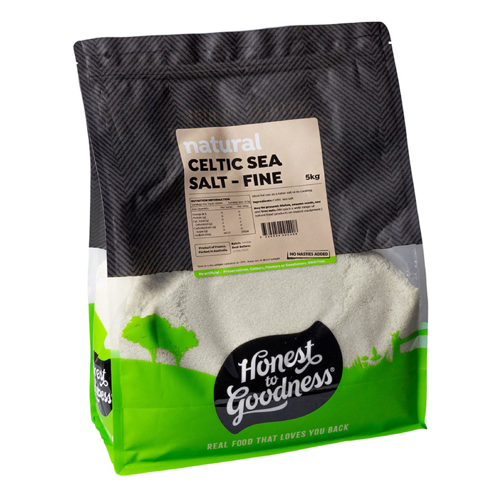 Honest to Goodness Celtic Sea Salt Fine 5kg angled pack on white background
