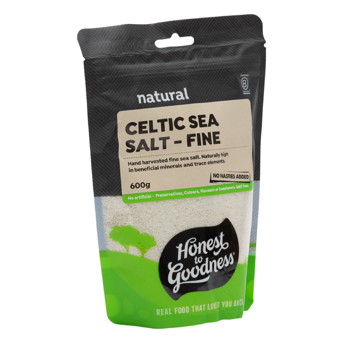 Honest to Goodness Celtic Sea Salt Fine 600g angled pack on white background