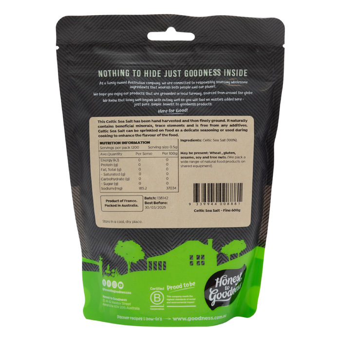 Honest to Goodness Celtic Sea Salt Fine 600g back label on white background