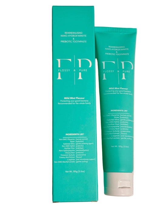 Flossy & Pure toothpaste tube and box showing the full ingredient list