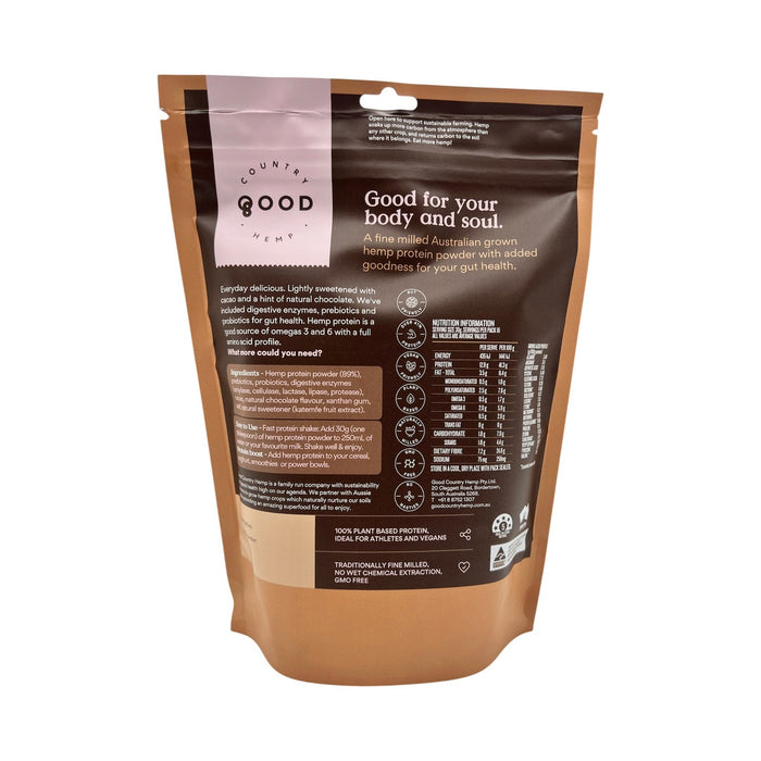 Good Country Hemp Hemp Protein Powder Chocolate 500g back pouch ingredients and nutrition