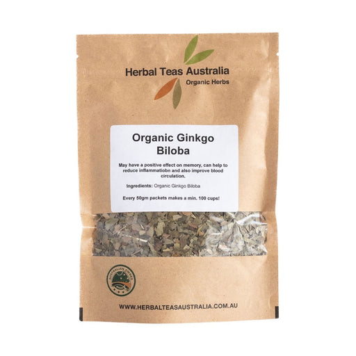 Herbal Teas Australia Organic Ginkgo Biloba Tea 50g front pack on white background