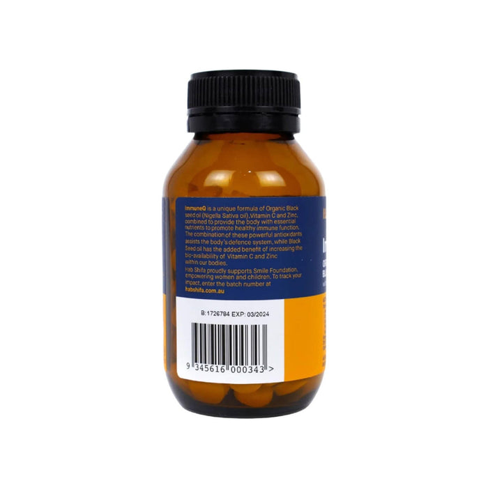 Hab Shifa ImmuneQ Organic Black Seed Chewable Orange 120 Tablets back label and barcode