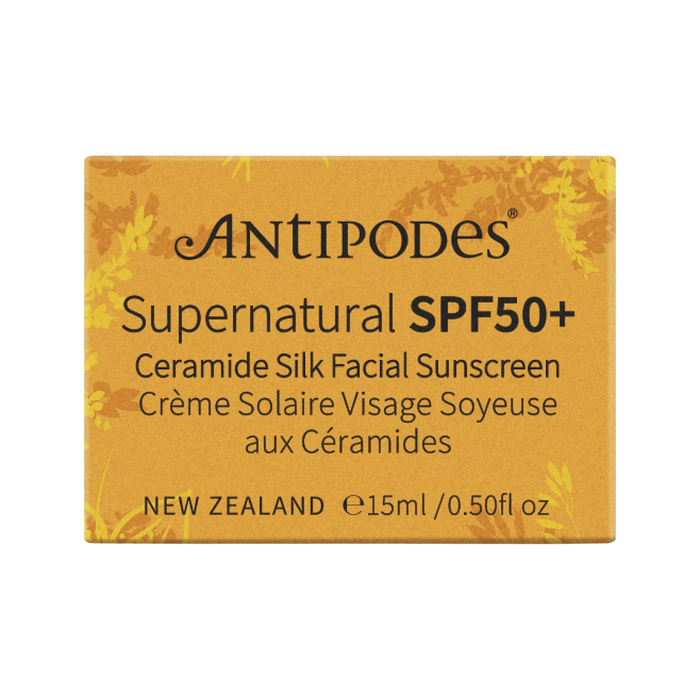 Antipodes Supernatural SPF50+ Ceramide Silk Facial Sunscreen MINI 15ml carton packshot