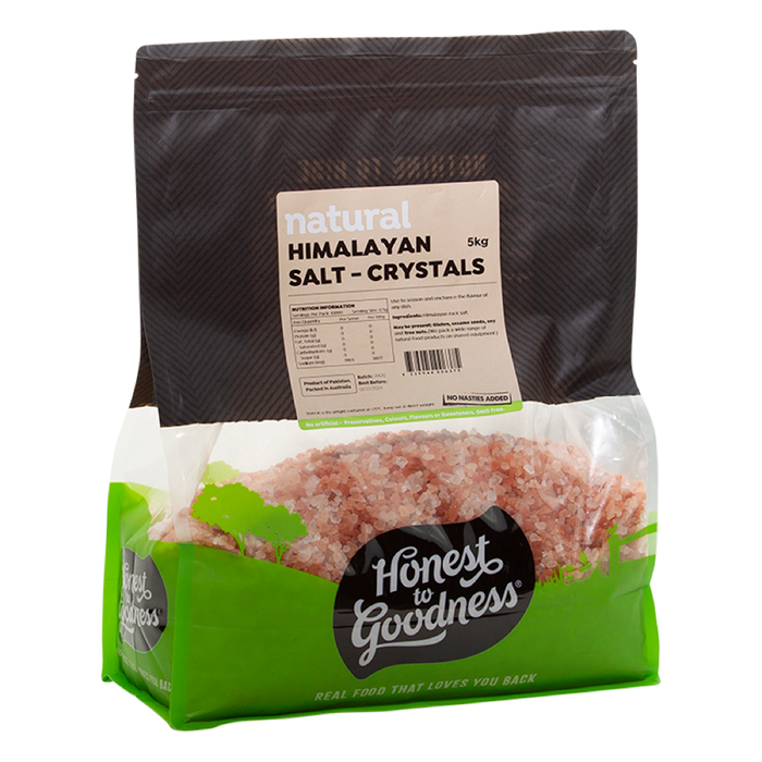 Honest to Goodness Himalayan Rock Salt Crystals 5kg angled pack on white background