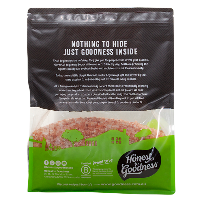 Honest to Goodness Himalayan Rock Salt Crystals 5kg back label on white background