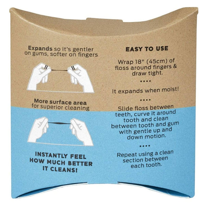 Dr. Tung's Smart Vegan Activated Charcoal Dental Floss packaging showing use directions and ingredients