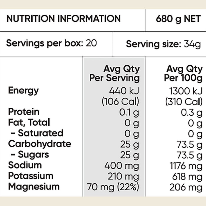 Sodii Raw Electrolyte Honey nutrition information per 34g sachet