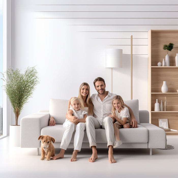 A family relaxing at home in a clean, low-tox living room