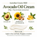 Illustrated ingredient and usage guide for Australian Creams MkII Avocado Oil Cream 250g; contains lanolin, sweet almond oil and fragrance