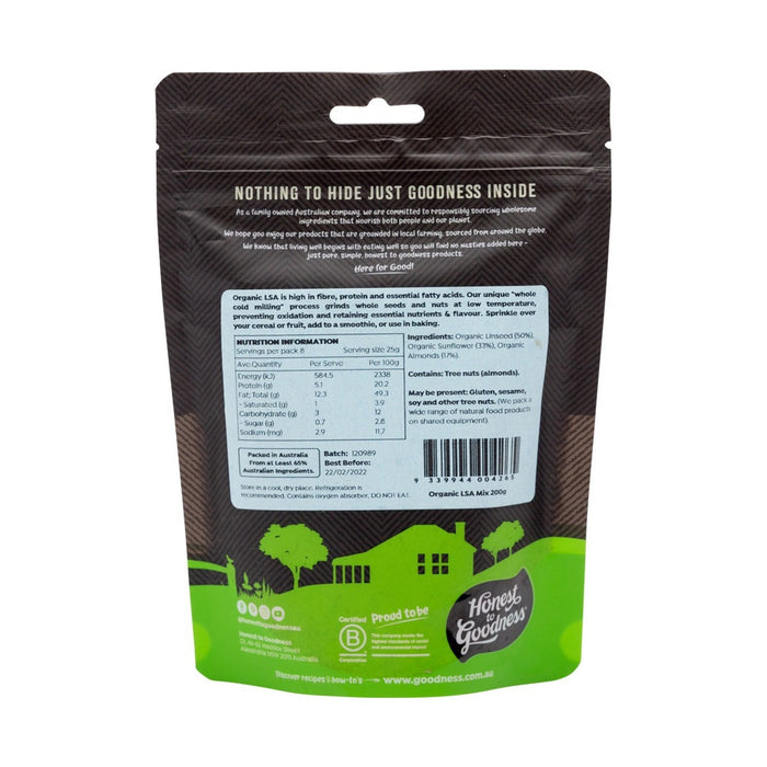Honest to Goodness Organic LSA 200g back label