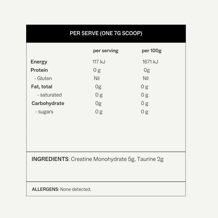 Creatine+ nutritional panel showing 7g serving with creatine monohydrate 5g and taurine 2g