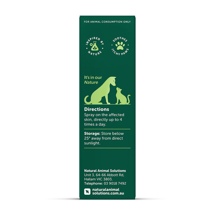 NAS Itchy Scratch Skin & Paw Spray for Dogs and Cats 100ml back label with ingredients and feeding guide