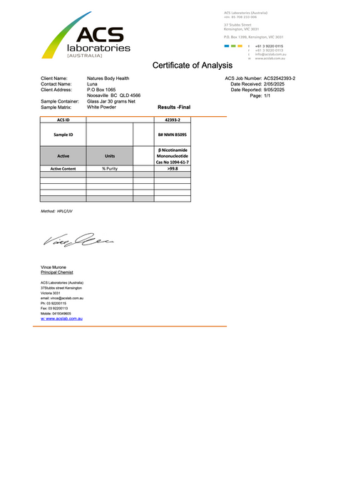 Nature's Body NMN 500mg 60 Capsules supplier certificate of analysis