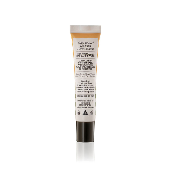 Olive & Bee Lip Balm 14g back label and ingredients