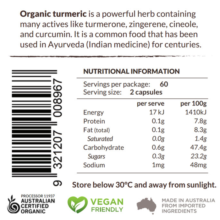 Therapeia Australia Organic Turmeric Capsules With Black Pepper PLUS 120 Caps