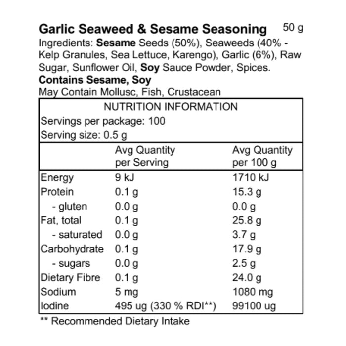 Pacific Harvest Garlic Seaweed & Sesame Seasoning 50g ingredients and nutrition information