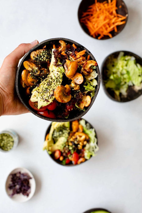 Serving suggestion: vegetable nourish bowl finished with nori flakes and seaweed and sesame seasoning