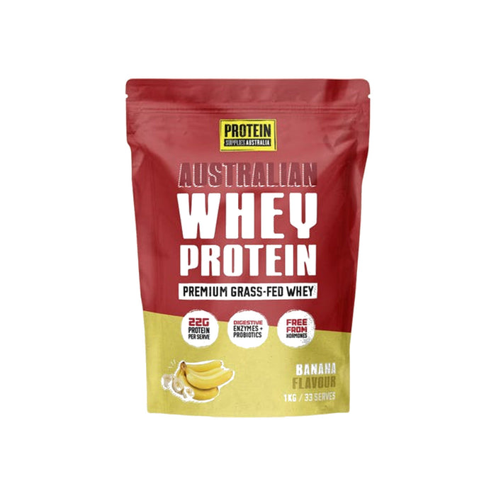 Protein Supplies Australia Australian Whey Protein 1kg Banana packshot on white background