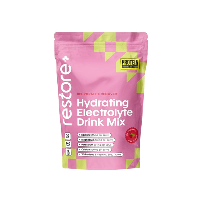 Protein Supplies Australia Restore Electrolyte Drink Mix 240g Strawberry & Lime packshot on white background